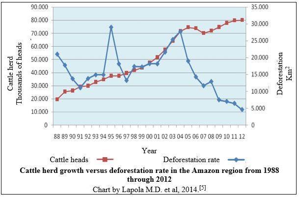 Cattle raising in the Brazilian Amazon with herd growth versus deforestation from 1988 through 2012.