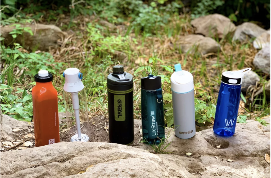 A few options of reusable water bottles with portable water filters on the market.