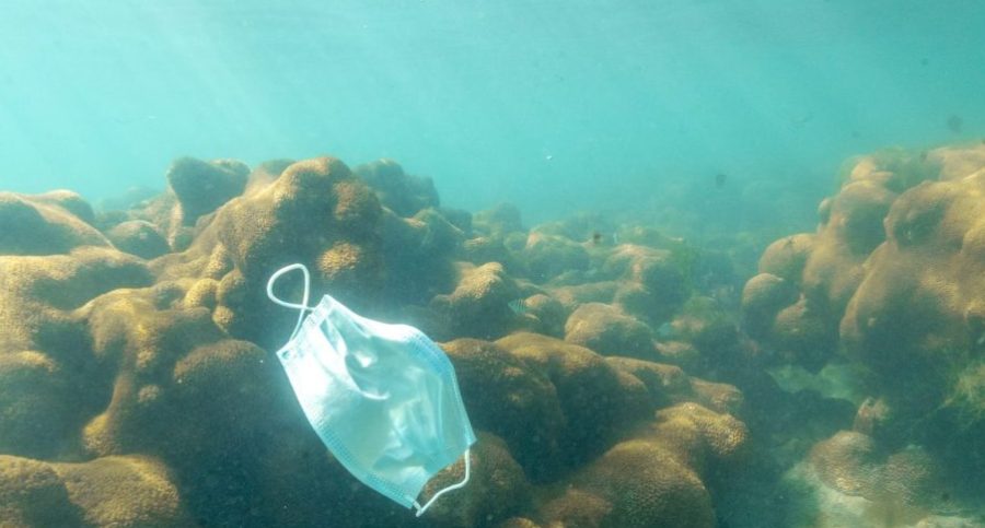 A disposable protective mask floats in the sea. Masks increase plastic pollution significantly and cause major damage to the environment.