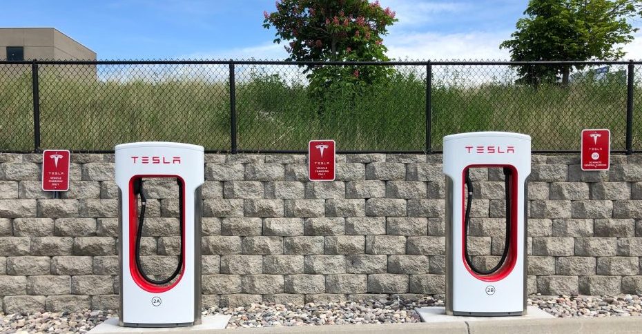 Electric charging stations by Tesla. Soon the freight industry will transform to low carbon transport.