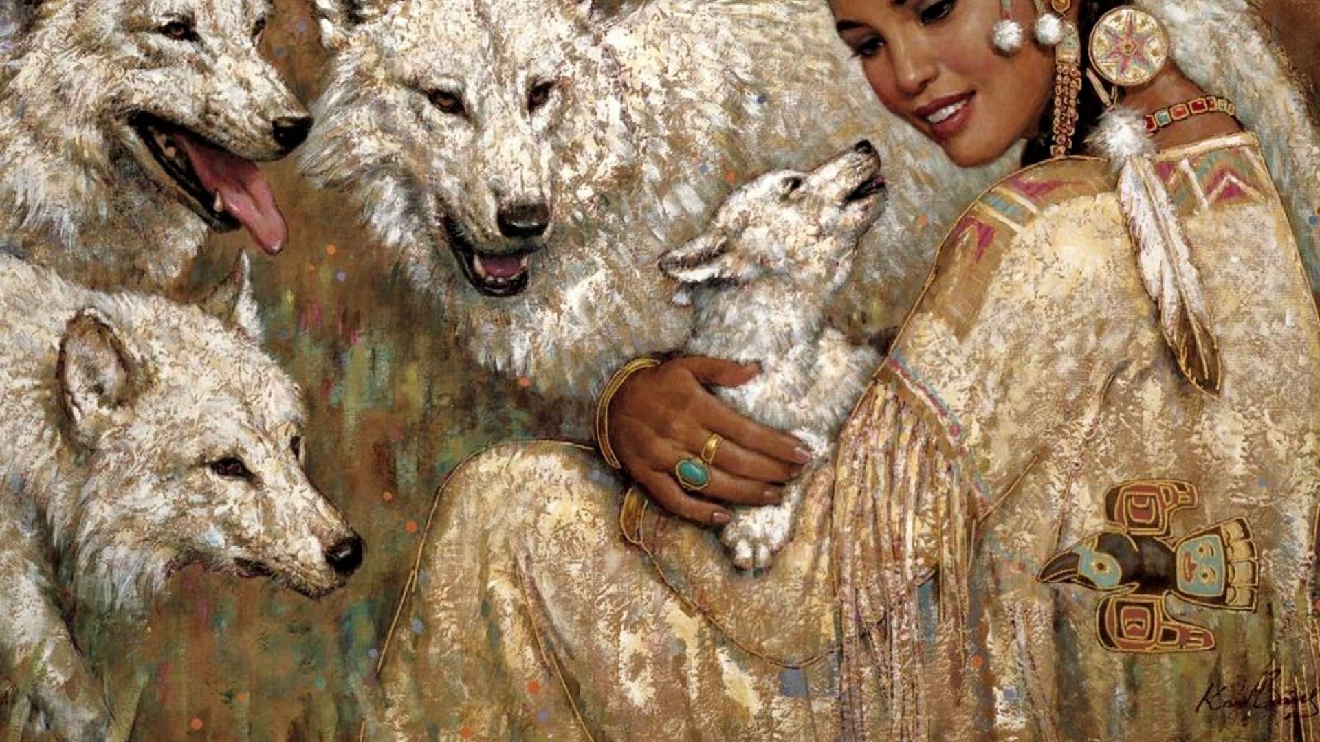 Native American woman and a pack of wolves.