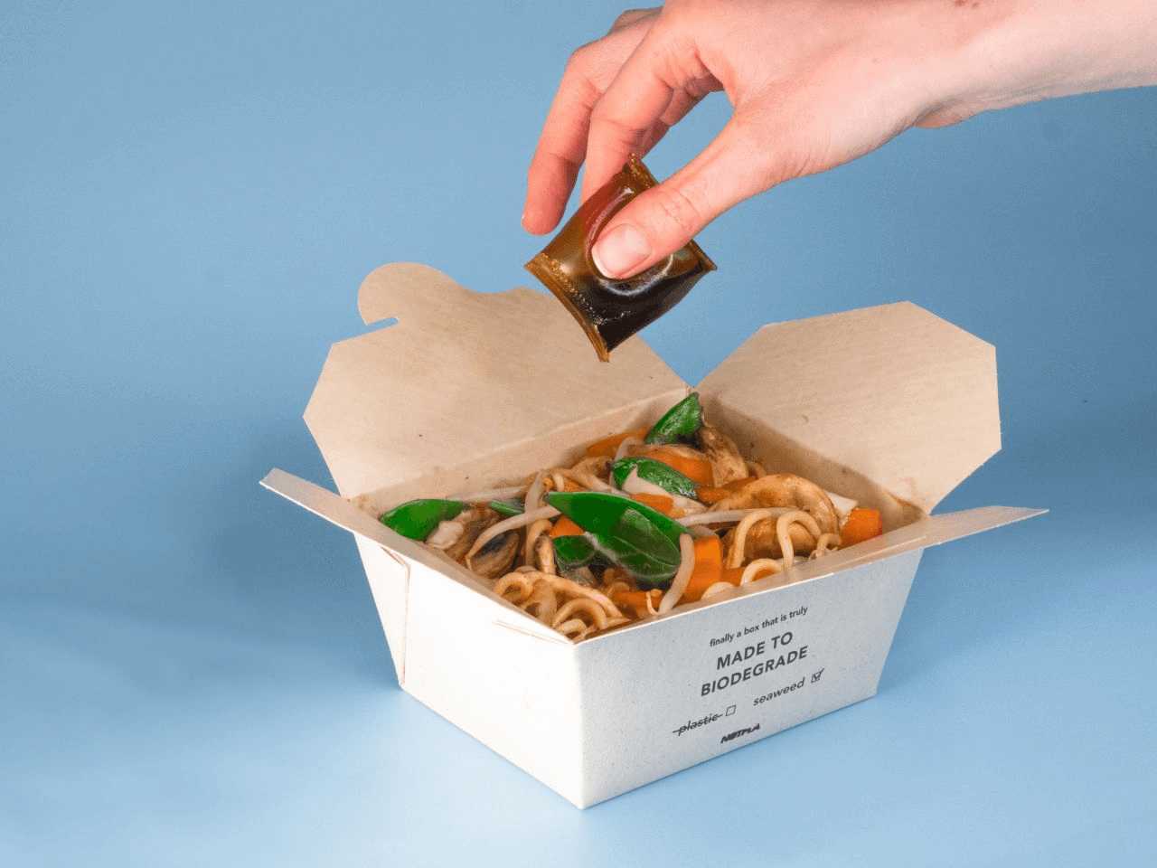 Fully biodegradable, seaweed-lined takeaway boxes.