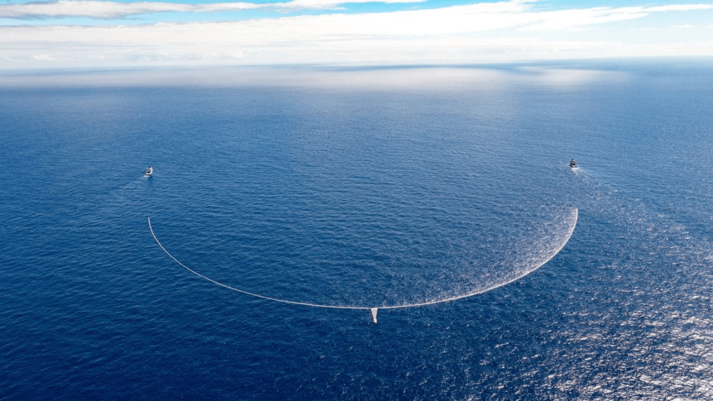 This image shows an innovation in marine life protection. The Ocean Cleanup are continuously attempting to remove large quantities of plastic from our ocean.